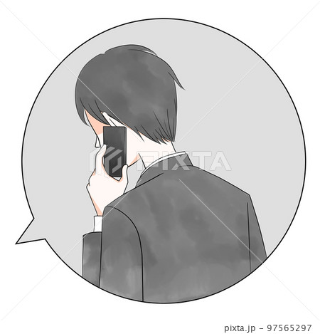 吹き出し　スーツを着てスマホで電話をかける詐欺師のイラスト 97565297