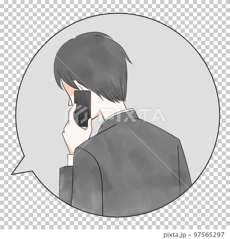 吹き出し　スーツを着てスマホで電話をかける詐欺師のイラスト 97565297
