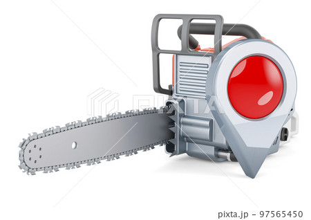 Chain saw with map pointer. 3D rendering Chain saw with map pointer. 3D rendering 97565450