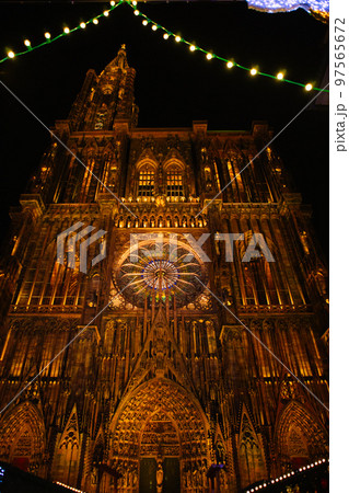 STRASBOURG, FRANCE - December 2016 - Cathedral Notre Dame with Christmas illuminations 97565672