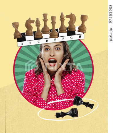 Contemporary art collage. Creative design. Excited, emotive young woman over yellow background. Chess, intellectual game 97565938