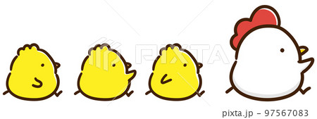 右方向へ並んで進むかわいいにわとりとひよこ親子のかわいいイラストの