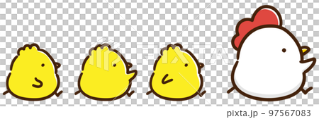 A cute illustration of a cute chicken and a chick parent and child walking side by side in the right direction 97567083