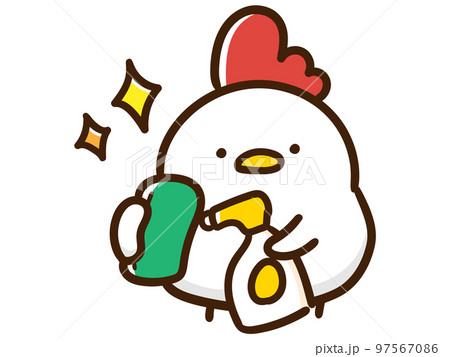 スポンジとスプレー洗剤を持って掃除をするかわいいにわとりママイラスト スポンジとスプレー洗剤を持って掃除をするかわいいにわとりママイラスト 97567086