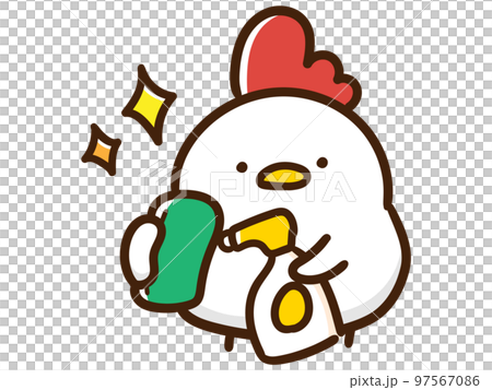 スポンジとスプレー洗剤を持って掃除をするかわいいにわとりママイラスト スポンジとスプレー洗剤を持って掃除をするかわいいにわとりママイラスト 97567086