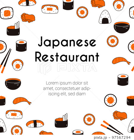 Japanese restaurant poster with sushi, soy sauce, ginger, chopsticks in doodle style. Hand drawn illustration of Japanese traditional cuisine, website template 97567294