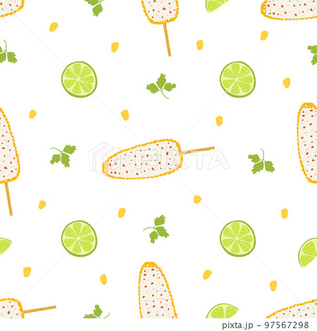 Seamless pattern with elote dish. Traditional Mexican food, folk cuisine. Vector background with grilled corn Seamless pattern with elote dish. Traditional Mexican food, folk cuisine. Vector background with grilled corn 97567298