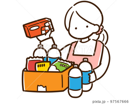 食料を備蓄する日本人主婦のシンプルな線画イラスト 97567666