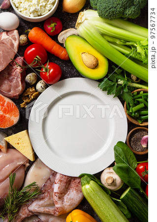 Healthy eating. Keto concept, ingredients for Ketogenic diet. Various balanced useful components healthy low carbohydrate foods. Copy space. 97567734