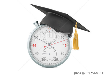 Stopwatch with graduation cap. 3D rendering isolated on white background Stopwatch with graduation cap. 3D rendering isolated on white background 97568331