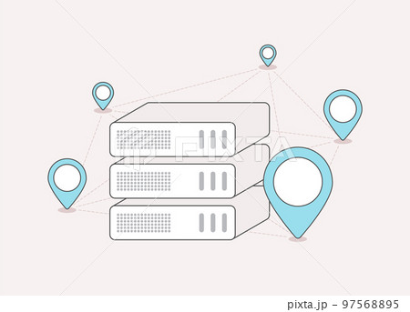 CDN - content distribution network concept. VPN with decentralized placement of data centers in different places. DDoS Protection. Content delivery network of proxy servers flat outline illustration 97568895