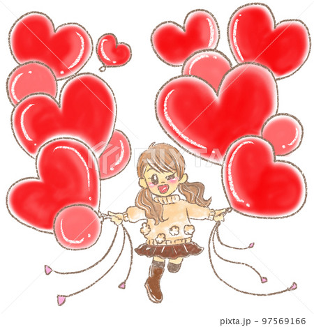 赤いハートの風船を持つ女の子 赤いハートの風船を持つ女の子 97569166