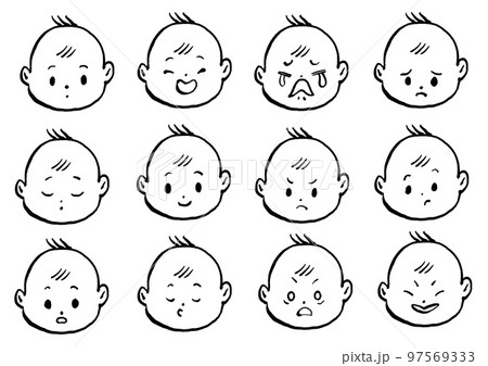 シンプルでかわいい赤ちゃんの表情のモノクロイラスト 97569333