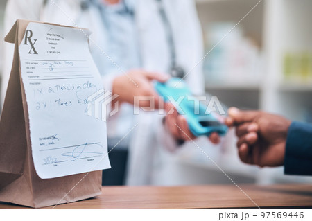 Pharmacy, card machine and patient paying for the medication at medical clinic dispensary. Credit card, prescription medicine and closeup of payment with cash dispenser point at pharmaceutical store. 97569446