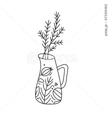 Cute hand drawn baby vector Christmas vase with branch. Line winter image with berries, branches texture. Xmas advent home icon outline illustration for greeting card baby, web design, invitation 97569462