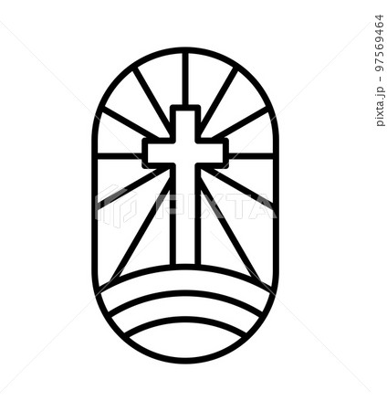 Vector religion line cross on half round earth and rays. Jesus Christ logo icon illustration. Lord on Calvary is center christianity. God forgiveness and love people 97569464