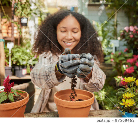 Black woman, garden and soil with plant and environment, happy gardener with dirt and nature, growth and sustainability. Spring, natural and gardening with earth, agriculture and compost for flowers. 97569465