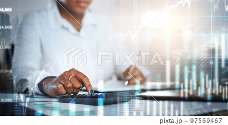 Hands, calculator or futuristic finance charts in company growth planning, stock market trading or office investment management. Zoom, financial woman or 3d abstract data of worker future accounting 97569467