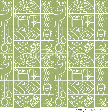 Christmas logo advent seamless pattern snowflake, gift box, house, garland, sock and tree on green background. Hand drawn monoline winter vector constructor for greeting card Christmas logo advent seamless pattern snowflake, gift box, house, garland, sock and tree on green background. Hand drawn monoline winter vector constructor for greeting card 97569470