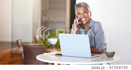 Communication, phone call and coffee, mature woman with phone and laptop in cafe in India. Success, internet and talking on smartphone, senior startup owner and happy woman networking with client. Communication, phone call and coffee, mature woman with phone and laptop in cafe in India. Success, internet and talking on smartphone, senior startup owner and happy woman networking with client. 97569740
