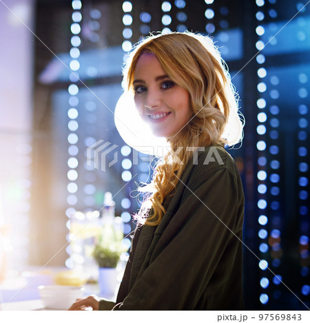 Party, nightlife portrait of a happy woman in a nightclub standing with a smile for a new year celebration. Happiness, night out and lady with energy clubbing and having fun at a social disco event. 97569843