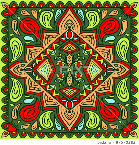 Bright colorful rug ornamental background with traditional pattern. Ethnic ornament. Design for carpet, yoga mat, textile, greeting card, banner. 97570282