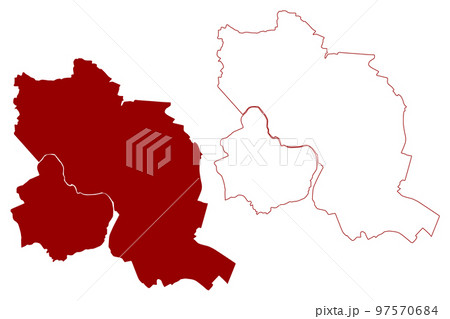 Ipswich Non-metropolitan district (United Kingdom of Great Britain and Northern Ireland, ceremonial county Suffolk, England) map vector illustration, scribble sketch map 97570684