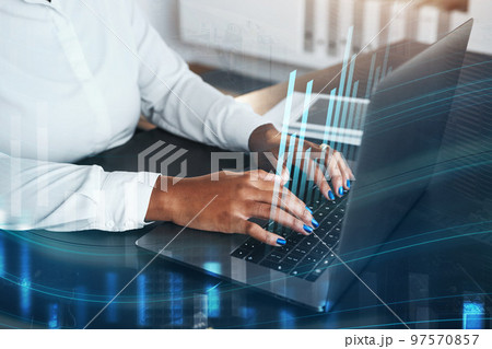 Hologram, laptop or hands trading cryptocurrency on stock market for financial profit or investment growth. Overlay, chart or black woman trader working or typing on forex digital fintech website 97570857