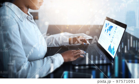 Business woman, laptop and infographic, finance market research and global financial statistics, lens flare overlay at desk with online map. Black woman, technology and digital chart, ppt and fintech Business woman, laptop and infographic, finance market research and global financial statistics, lens flare overlay at desk with online map. Black woman, technology and digital chart, ppt and fintech 97571091