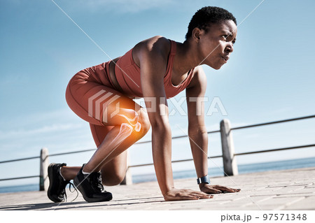 Start, running and race with black woman at beach for training, endurance and marathon. Energy, performance. and sports with girl runner on promenade for cardio challenge, competition and exercise 97571348
