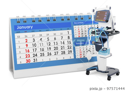 Medical ventilator with desk calendar, 3D rendering Medical ventilator with desk calendar, 3D rendering 97571444
