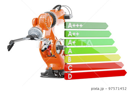 Robotic arm with energy efficiency chart, 3D rendering Robotic arm with energy efficiency chart, 3D rendering 97571452