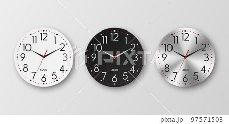Vector 3d Realistic White, Black, Silver Round Wall Office Clock Icon Set, Design Template Isolated. Dial, Mock-up of Wall Clock for Branding and Advertise Isolated. Clock Face Design 97571503