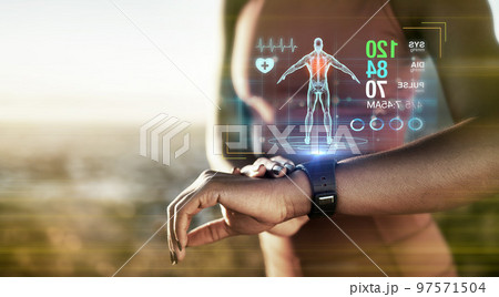 Fitness hands, smart watch or future data on healthcare workout, body training or exercise heart rate in sunset nature. Runner zoom, sports or black woman on time technology, 3d scan or abstract app 97571504