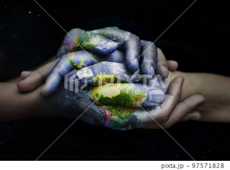 Earth overlay, holding hands and sustainability support of people with global love and empathy. Sustainable, green and hands together for international help, eco friendly trust and ecology helping 97571828