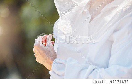 Hand, zip and beekeeper uniform with a farm woman outdoor in the countryside for organic sustainability. Agriculture, farmer and beekeeping with a female agricultural working zipping up for safety Hand, zip and beekeeper uniform with a farm woman outdoor in the countryside for organic sustainability. Agriculture, farmer and beekeeping with a female agricultural working zipping up for safety 97571832