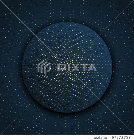 Abstract golden disk frame with gold lights and glittering elements on blue background. Golden glittering halftone circular frame. Luxury square design template for social media, banner, promo, sale Abstract golden disk frame with gold lights and glittering elements on blue background. Golden glittering halftone circular frame. Luxury square design template for social media, banner, promo, sale 97572758
