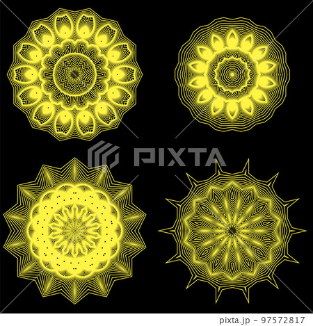 Set of Yellow Circle Geometric Ornaments. Guilloche Gold Rosettes Isolated. Ornamental Round Decor. Mandala Set Set of Yellow Circle Geometric Ornaments. Guilloche Gold Rosettes Isolated. Ornamental Round Decor. Mandala Set 97572817