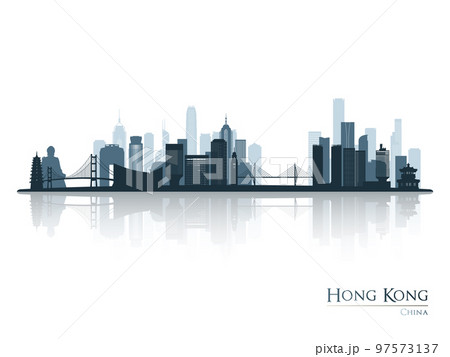 Hong Kong skyline silhouette with reflection. Hong Kong skyline silhouette with reflection. 97573137