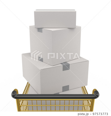 Shopping cart or trolley with cardboard boxes on white background. 97573773