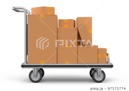 Airport luggage cart or baggage trolley side with cardboard boxes or cartons 97573774