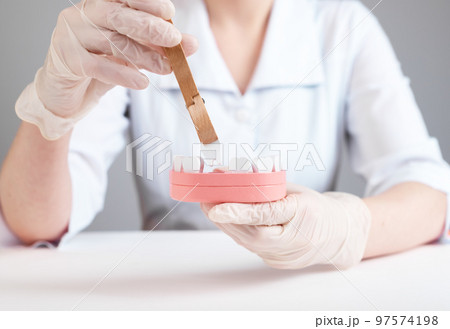 Dentist using forceps for tooth removal from jaw model. Teeth losing concept. Infection, injury consequences. Work of dental surgeon in lab coat and gloves. Dentist using forceps for tooth removal from jaw model. Teeth losing concept. Infection, injury consequences. Work of dental surgeon in lab coat and gloves. 97574198