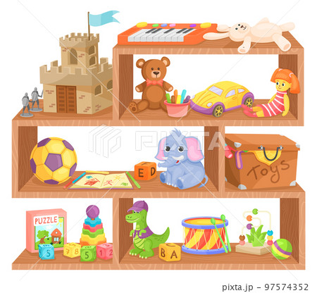 Child toys on wooden shelves. Kid play store Child toys on wooden shelves. Kid play store 97574352