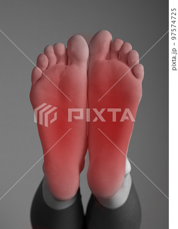 Foot pain. Woman feet with red point. Arthritis, gout, tendinitis, plantar fasciitis, injury, overuse, poorly fitting shoes consequences. Black and white Foot pain. Woman feet with red point. Arthritis, gout, tendinitis, plantar fasciitis, injury, overuse, poorly fitting shoes consequences. Black and white 97574725
