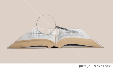 Open book with magnifying glass. Information search and analysis for research project. Data evaluation and accuracy check. 97574785