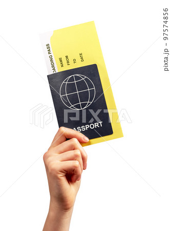 Woman hand holding passport and boarding pass isolated on white background. Necessary documents for travelling by plane. Tourism, air journey concept. Woman hand holding passport and boarding pass isolated on white background. Necessary documents for travelling by plane. Tourism, air journey concept. 97574856