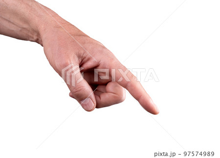 man hand with forefinger pointing down isolated on white background. man hand with forefinger pointing down isolated on white background. 97574989