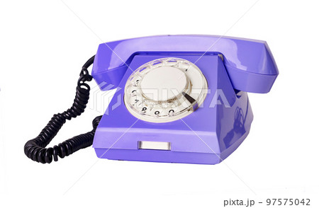 Violet retro rotary phone with cord isoalted on white background Violet retro rotary phone with cord isoalted on white background 97575042