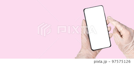Banner with doctor hands in gloves with phone mockup on pink background. Online patient treatment, using medical applications in smartphone concept. Place for text 97575126