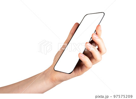Hand holding phone mockup in angled position isolated on white background. Android template. 97575209